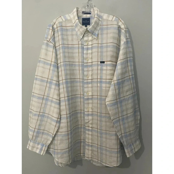 Faconnable Shirt Men’s XXL White Multi Linen Cotton Plaid Long Sleeve Vtg - Picture 3 of 15